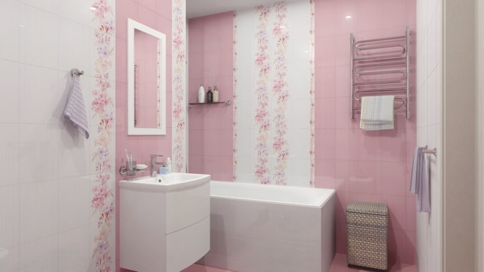 piastrelle bianche e rosa nell'interno del bagno