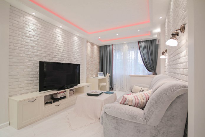 woonkamer met wit bakstenen behang