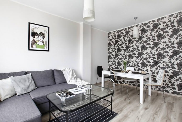 Wit en zwart-wit behang in de woonkamer: 55 foto's in het interieur