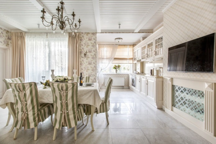Keuken-eetkamer design met beige behang