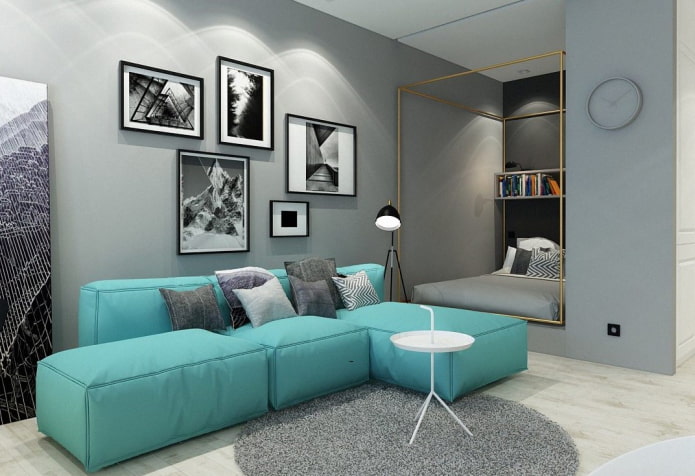 turkio spalvos modulinė sofa interjere