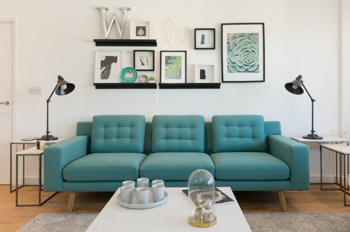 Turkio spalvos sofa interjere: tipai, apmušalų medžiagos, spalvų atspalviai, formos, dizainas, deriniai