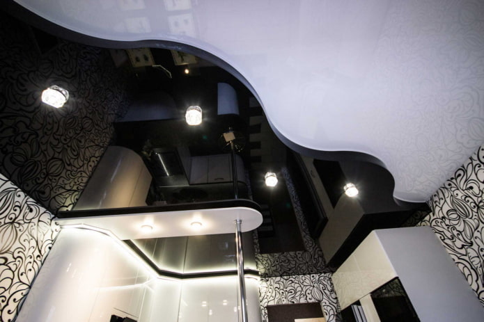黒と白のストレッチ天井：構造の種類、テクスチャ、形状、デザインオプション