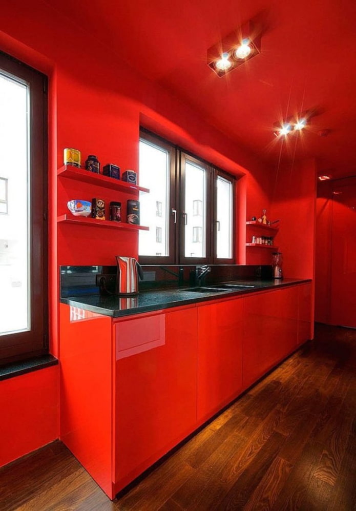 キッチンの内部にある赤い壁