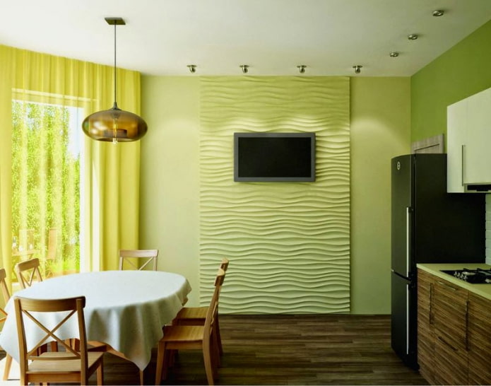 キッチンの内部の緑の壁
