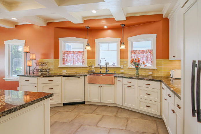 キッチンの内部にあるオレンジ色の壁