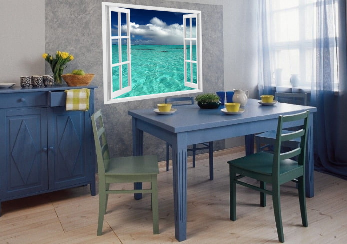 blauwe tafel van hout in het interieur