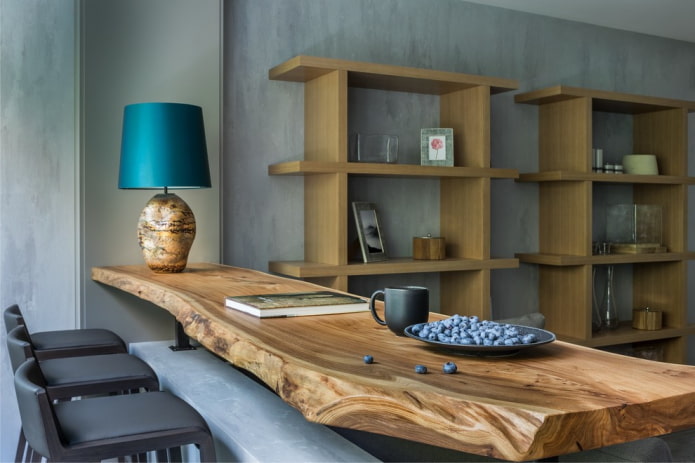 Houten tafels: foto's in het interieur, soorten, vormen, kleur, design, ongebruikelijke ideeën