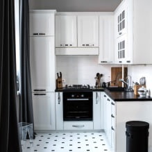 Dizajn bijele kuhinje s crnom radnom površinom: 80 najboljih ideja, fotografije u interijeru-11