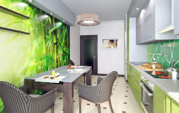 Groen behang in de keuken in een moderne stijl
