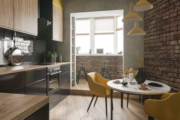 バルコニーと組み合わせたキッチンデザイン：インテリアの写真、配置のアイデア