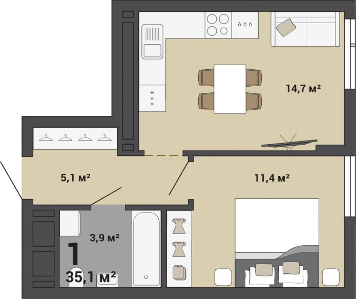 Tlocrt stana je 35 četvornih metara. m.