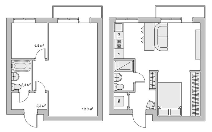 studio-indeling 29 m² m.