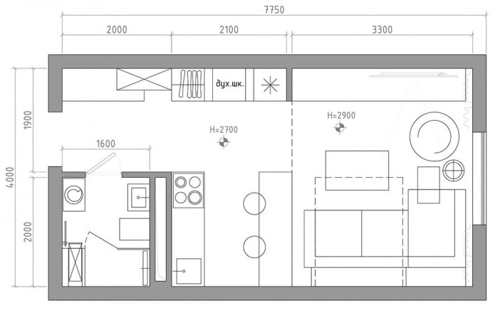 studio-indeling 29 m² m.