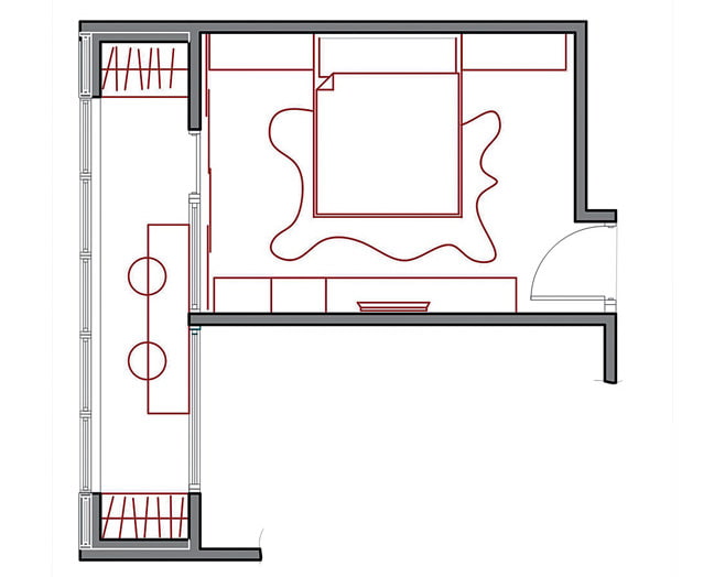 Disposizione di una camera da letto di 14 m2 con balcone