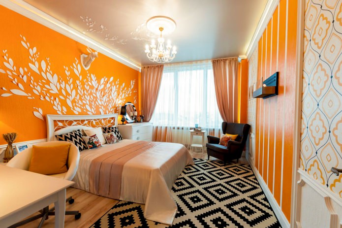 Σχεδιασμός κρεβατοκάμαρας σε πορτοκαλί τόνους: χαρακτηριστικά σχεδιασμού, συνδυασμοί, φωτογραφίες