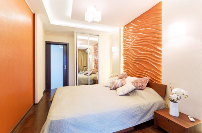 narančaste 3D ploče na zidu u spavaćoj sobi