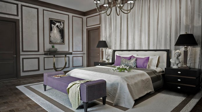 Sivi zidovi u spavaćoj sobi u klasičnom stilu