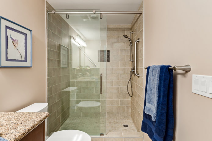 חדר מקלחת עשוי אריחי בז 'בפנים