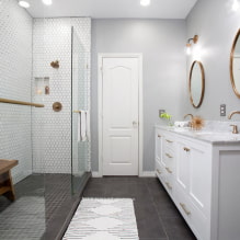 חדר מקלחת מאריחים: סוגים, אפשרויות להנחת אריחים, עיצוב, צבע, צילום בפנים חדר האמבטיה -0
