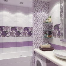 紫とライラックのバスルーム：組み合わせ、装飾、家具、配管、装飾-6