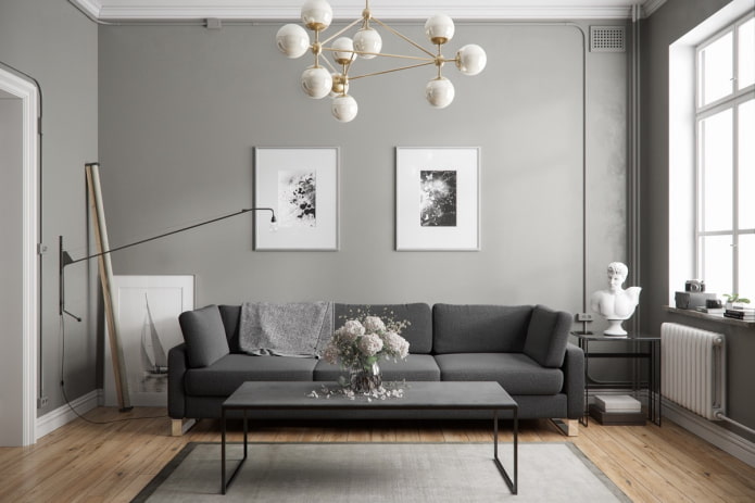 interior design del soggiorno nei toni del grigio