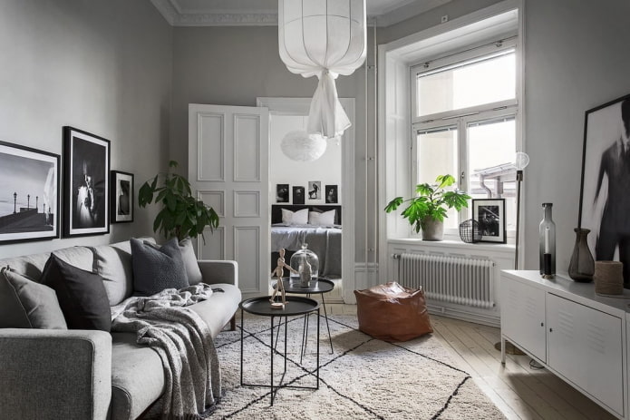 interno di un soggiorno grigio in stile scandinavo