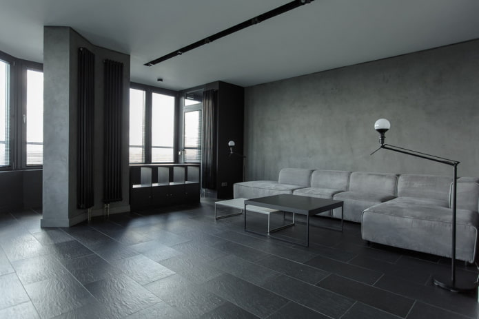 interno di un soggiorno grigio nello stile del minimalismo