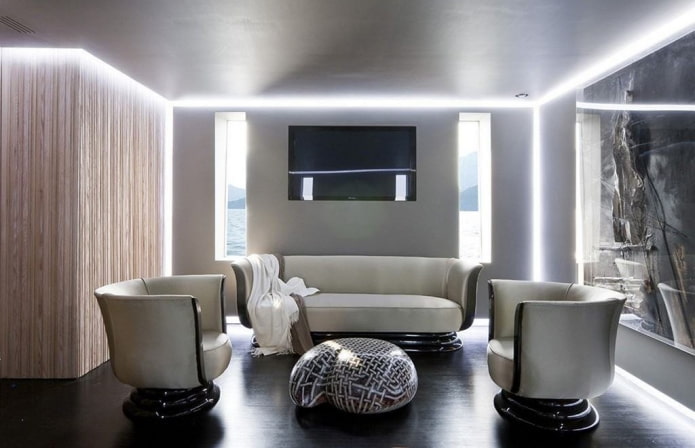 interno del soggiorno grigio in stile high-tech