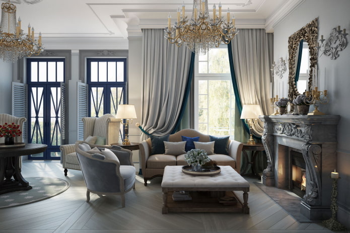 interno grigio soggiorno in stile classico