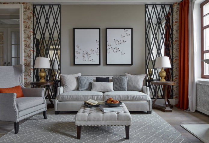 interno grigio neoclassico del soggiorno