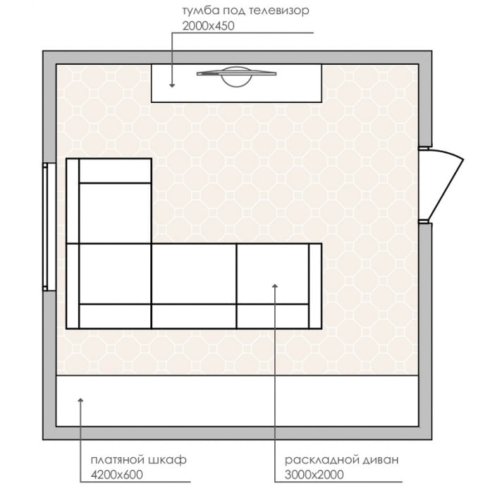 indelingsschema van een kleine woonkamer met een hoekbank