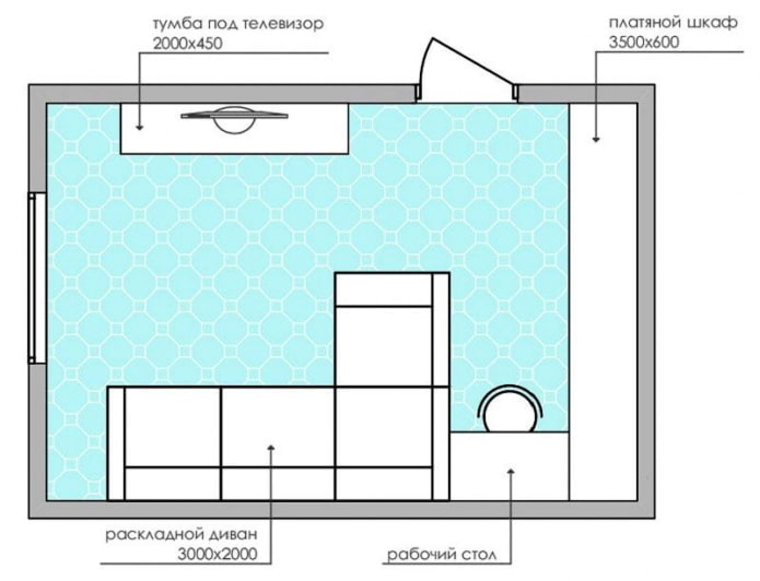 indelingsschema van een kleine woonkamer met een hoekbank