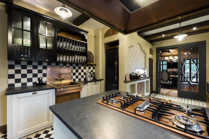 Εσωτερικό κουζίνας με σκούρο πάγκο: χαρακτηριστικά, υλικά, συνδυασμοί, 75 φωτογραφίες