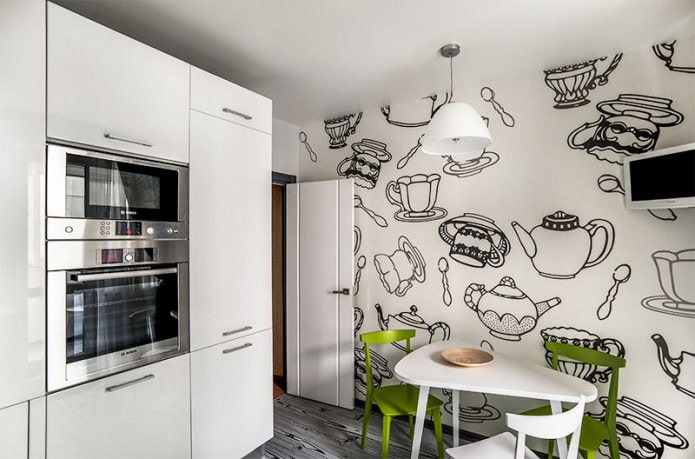 crno -bijeli interijer kuhinje s dodatkom zelene boje