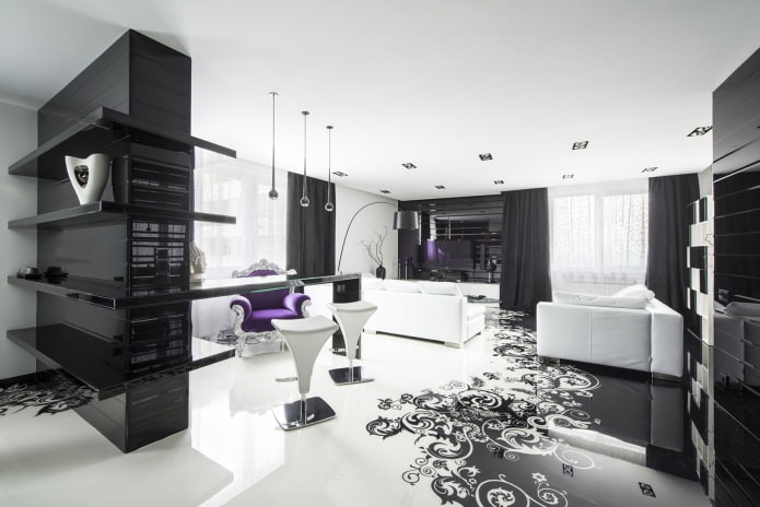 crno -bijeli interijer sobe s dodatkom ljubičaste