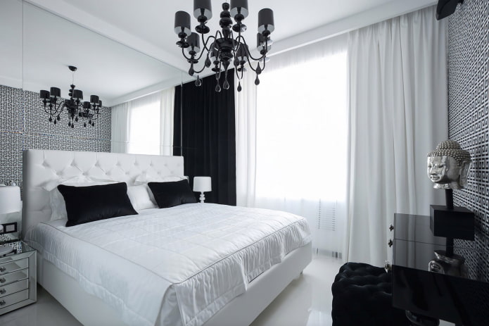interijer spavaće sobe u crno -bijelim bojama