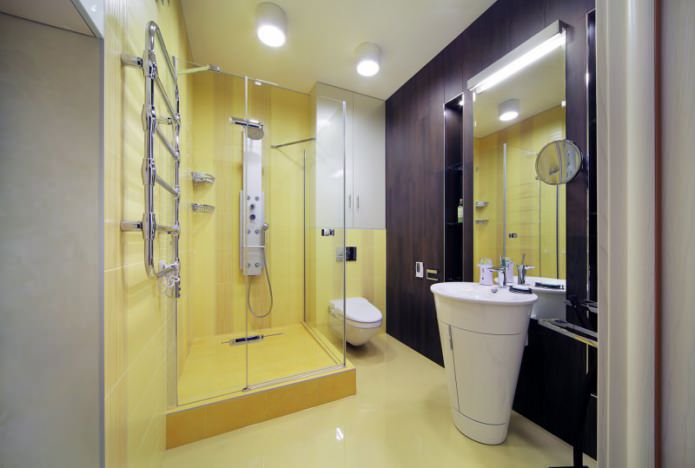 fürdőszobabelső zuhanykabinnal, modern stílusban