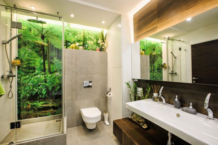 Zuhanyzóval ellátott fürdőszoba kialakítása modern öko stílusban