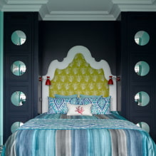 寝室のヘッドボード：インテリア、タイプ、素材、色、形、装飾の写真-5