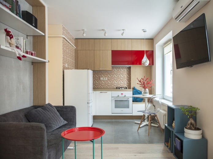 リビングルームと組み合わせた小さなキッチンのデザイン