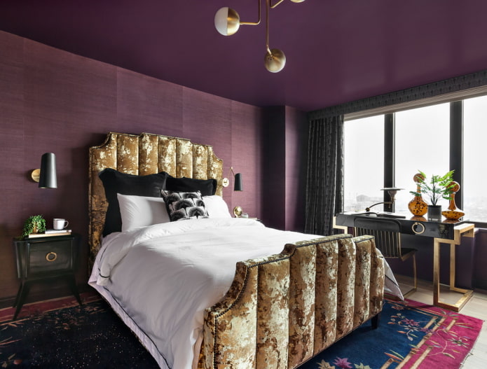 紫色の寝室のインテリアの家具