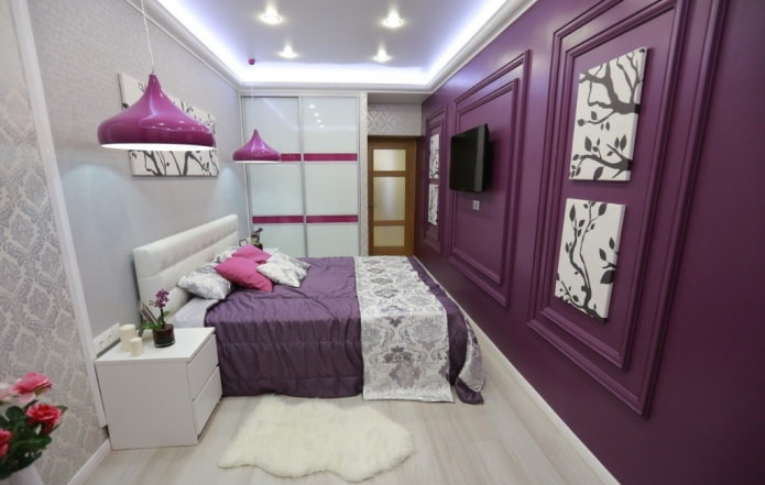 fehér és lila hálószoba belső