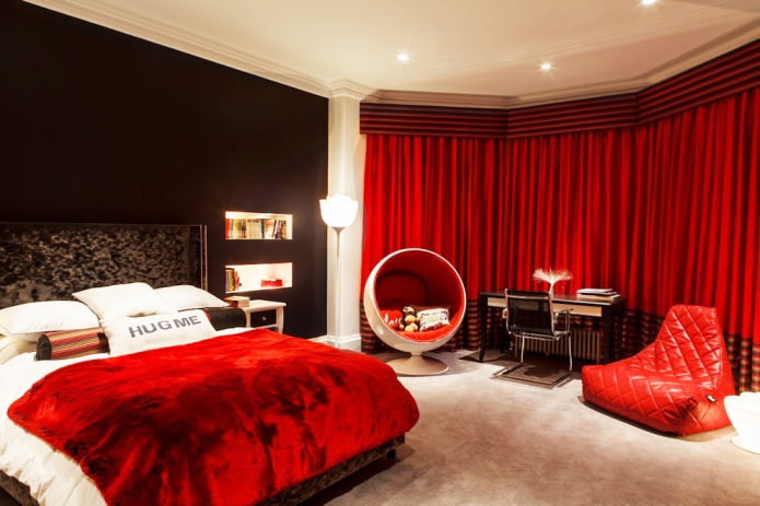 spavaća soba u crno-bijelo-crvenoj boji