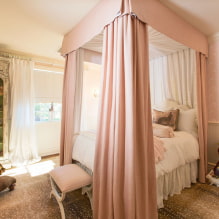 Krevet s baldahinom: vrste, izbor tkanine, dizajn, stilovi, primjeri u spavaćoj sobi i dječjoj sobi-3