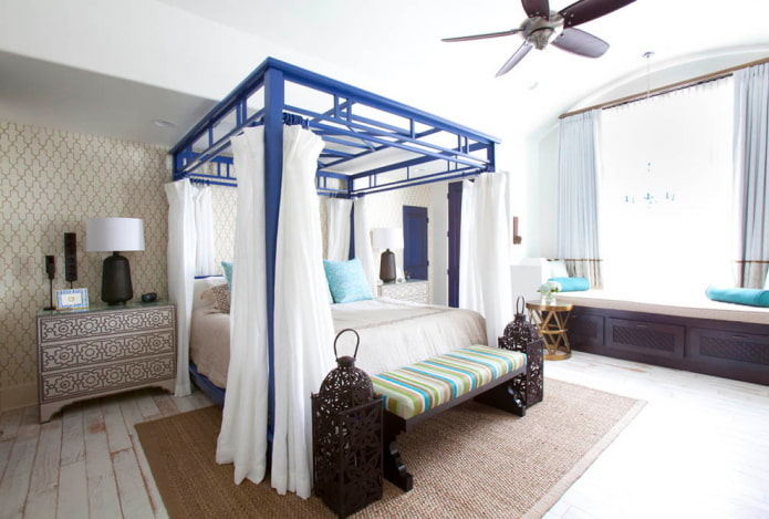 Krevet s baldahinom: vrste, izbor tkanine, dizajn, stilovi, primjeri u spavaćoj sobi i dječjoj sobi