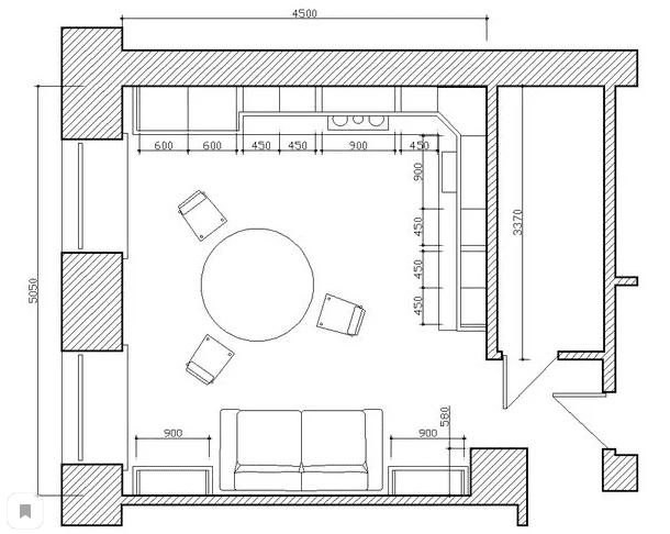 négyzet alakú konyha-nappali 16 nm-es.