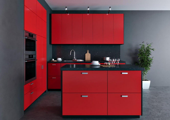 virtuvės interjeras pilkai raudonais tonais
