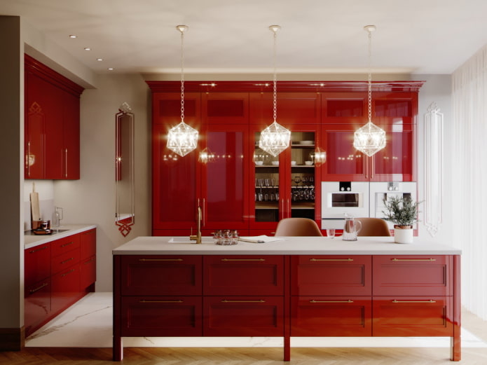 virtuvės interjeras raudonais tonais