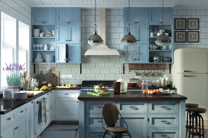 Στυλ Προβηγκίας στο εσωτερικό μιας μπλε κουζίνας